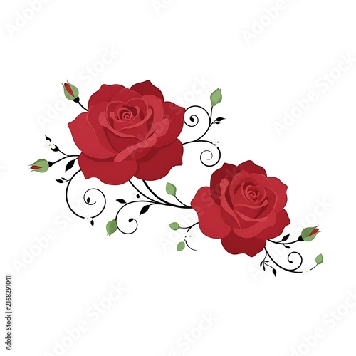 Red roses with swirls and buds illustration