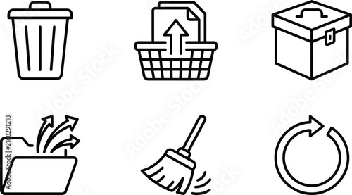 Set of outline office and file management icons including trash bin basket document storage box folder broom and reload symbol with folder icon
