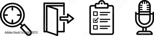 Set of outline technology and productivity icons including search magnifier door exit checklist clipboard and microphone with technology symbols