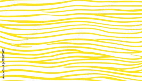 Graphic abstract design. Horizontal yellow wavy lines on a white background, creating a pattern. The lines vary in width