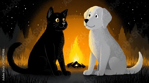 Illustration of a black cat and white dog seated side-by-side, gazing at a campfire glowing brightly in a forest setting at night