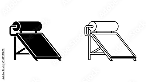 Solar Water Heater Icon: Two icons depicting a solar water heater, one in black and white and the other in outline, represent renewable energy technology.