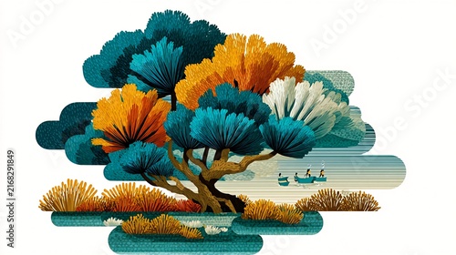 Stylized landscape illustration with a tree sporting vibrant blue, orange, and white foliage. Two small boats with people drift on a body of water