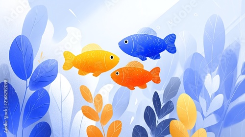 Three colorful fish swim among stylized plants in an aquatic scene. Soft blues and yellows create a playful and inviting illustration