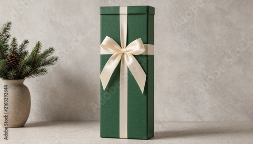 Elegant green gift box with white bow beside flowers vase