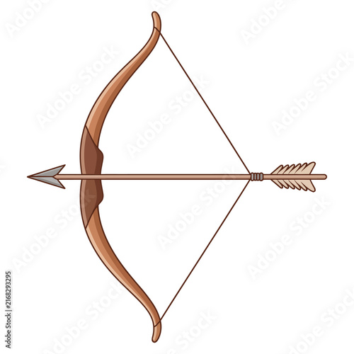 Bow and Arrow Archery Equipment Isolated on White Background, Traditional Wooden Bow with Arrow for Sport, Hunting, Precision Shooting and Vector Illustration