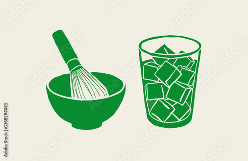 A minimalist green line-art illustration featuring traditional matcha preparation tools on the left a bamboo whisk (chasen) resting in a tea bowl (chawan) and a tall glass filled with ice cubes.