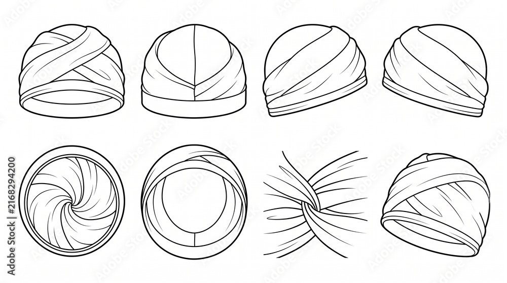 Obraz premium Turban Beanie Hat Technical Fashion Drawing Vector Outline Flat Sketch Template - Set of Multiple Angles and Views