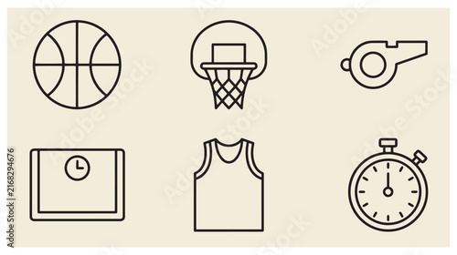 Basketball sport icons collection featuring ball hoop whistle tactics board jersey stopwatch in outline style line art basketball stopwatch collection athletic