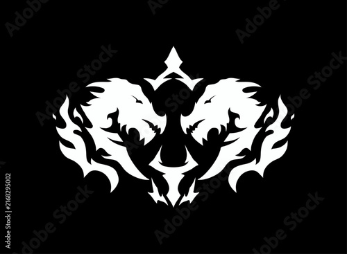Cuadro en lienzo Fantasy heraldic emblem featuring a symmetrical twin wolf design with flames, sharp ornamental shapes, and a dark gothic aesthetic for gaming, esports, RPG, clan, or fantasy branding
