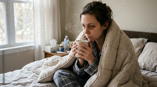 Sick woman wrapped in blanket holding a hot mug of tea while sitting on bed during flu season