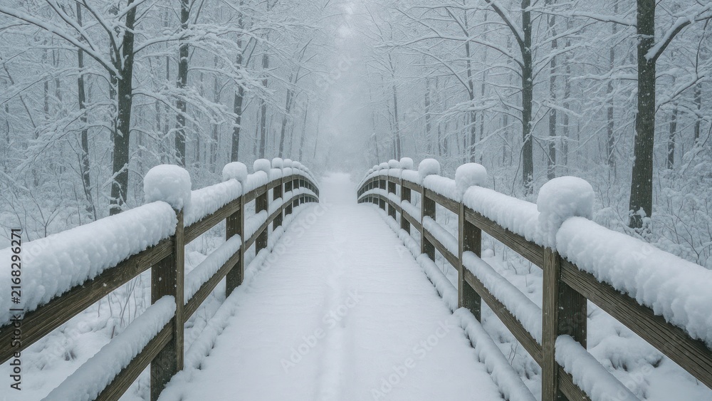 Fototapeta premium Serene snowy forest bridge pathway desktop wallpaper