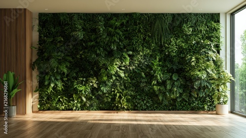 Lush Green Indoor Wall with Natural Plants in a Modern Room Setting for Tranquil Interior Aesthetic and Air Purification