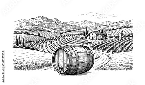 Rustic Wooden Barrel and Vineyard Countryside Landscape with Farm Villa Fields Mountains Vintage Black Engraving Vector