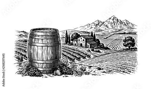 Wooden Wine Barrel with Vineyard Villa Countryside Fields Hills and Mountain Landscape Vintage Engraving Vector Design
