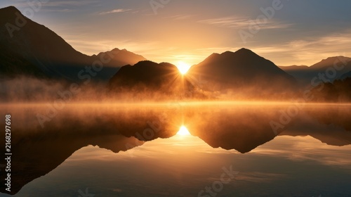 Serene Sunrise Over Misty Lake Surrounded by Majestic Mountains and Soft Clouds Reflecting in Calm Water