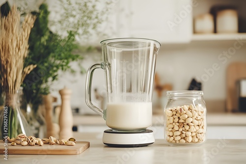 A glass blender with fresh organic pistachio milk standing on a white kitchen counter next to a jar of whole nuts for healthy nutrition smoothie cooking templates