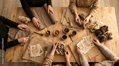 Artisanal textile workshop with natural linen fabrics. People hands working with organic yarn and botanical dyes on wooden table.