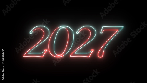 Number 2027 glowing neon typography sign with multicolored outlines on a dark background glowing text neon light futuristic greeting