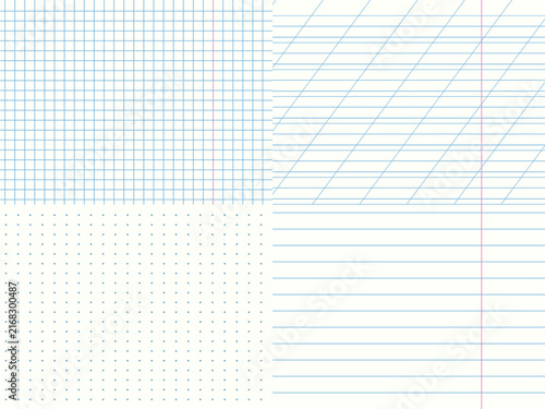 Vector collection of seamless notebook paper textures including squared grid, dotted grid, lined, and slanted cursive handwriting ruling for school copybook background design.