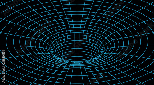 3D vector wireframe illustrations depicting a spacetime grid bending into a wormhole or black hole funnel. Features perspective digital mesh lines forming a gravitational vortex on a dark background