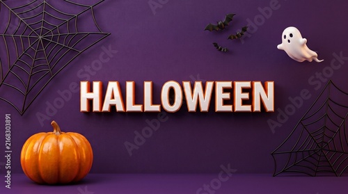 Halloween background with pumpkin ghost and spider web decorations on a dark purple studio backdrop