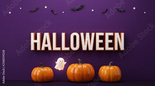 Halloween background with pumpkins and a cute ghost on a dark purple festive holiday banner design