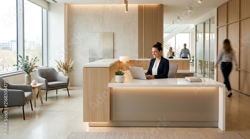 Modern reception desk with clean lines and neutral tones in bright office interior, professional receptionist working on laptop, soft lighting, contemporary corporate lobby with wooden paneling,
