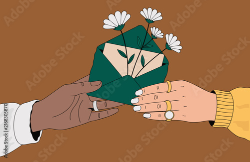 A flat-style digital illustration depicts two hands of different skin tones holding an open dark-green envelope together against a solid brown background. The envelope contains a light beige letter.