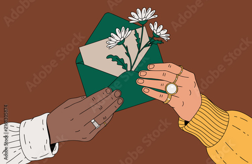 A short description: two illustrated hands exchange a green envelope containing white flowers, symbolizing kindness or connection against a brown background.