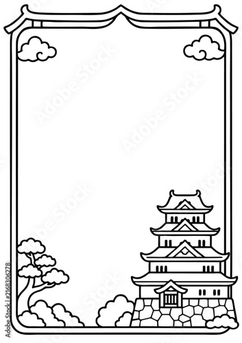 Japanese castle frame illustration featuring traditional pagoda architecture with pine trees and stylized clouds for elegant decorative card design projects