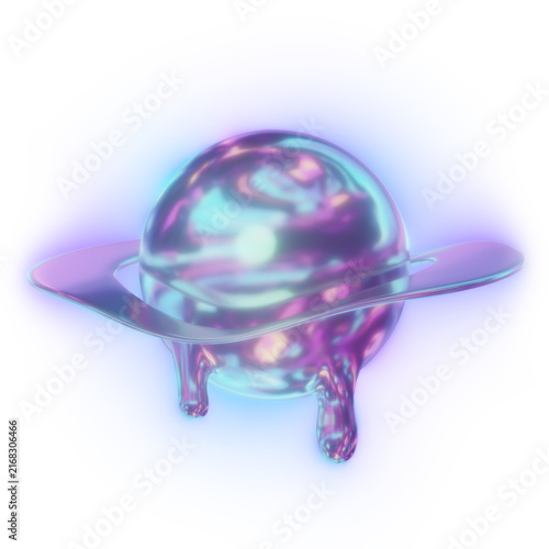 Dripping melted iridescent 3d planet icon with neon bloom light in y2k style