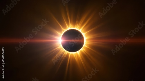Solar eclipse with dramatic light rays and dark cosmic background, moon
