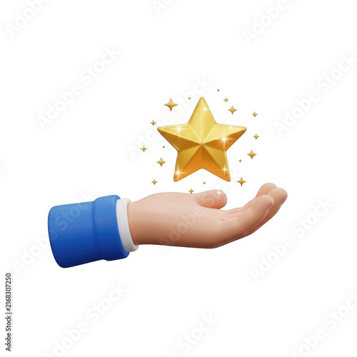 3d hand holding a shiny gold star icon isolated on transparent background