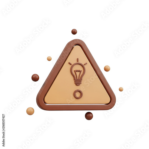 3d render of a triangular warning sign with a light bulb icon symbol isolated on transparent background