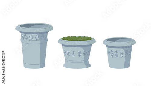 Set of three decorative flower pots with leaf pattern isolated on white background, vector illustration