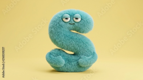 Calm teal fuzzy monster character shaped like letter S on yellow background