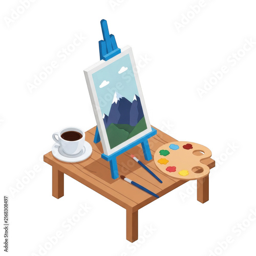Pixel art painting easel on a wooden table with brushes and coffee cup isolated on transparent background