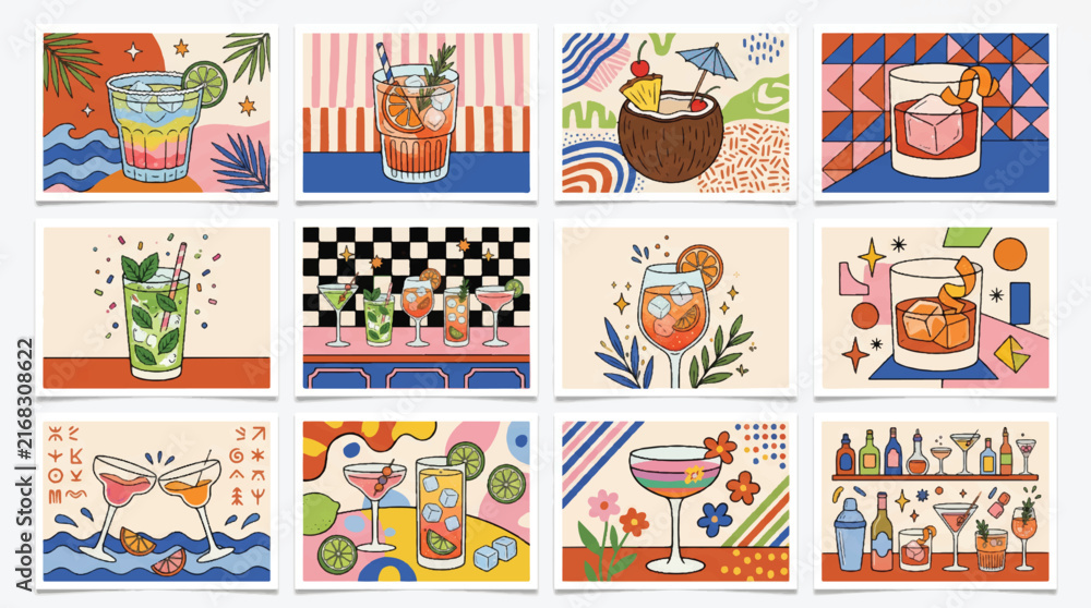 Fototapeta premium Retro Summer Cocktail Bar Menu and Tropical Drink Postcard Illustration Set
