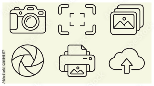 Photography and digital imaging line vector icons set featuring camera focus frames photo gallery shutter printer and cloud upload icon set pictures aperture interface