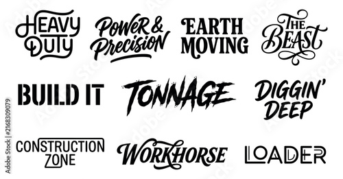 Bild auf Leinwand Set of construction and heavy duty machinery typography labels and signs with bold industrial lettering Minimal solid typography set bundle collection
