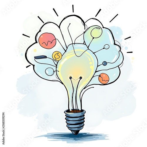 Plakat w ramie Creative Idea Light Bulb Brainstorming Concept.