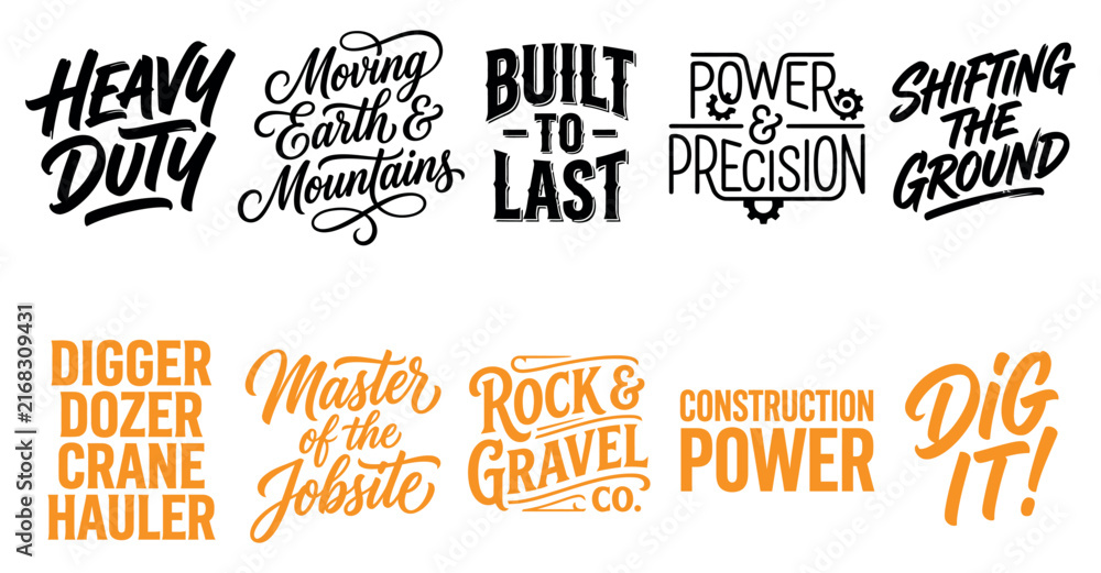 Obraz premium Set of heavy duty construction and excavation typography emblems and slogans for building equipment Minimal solid typography set bundle collection. Editable Vector Illustration Mega pack
