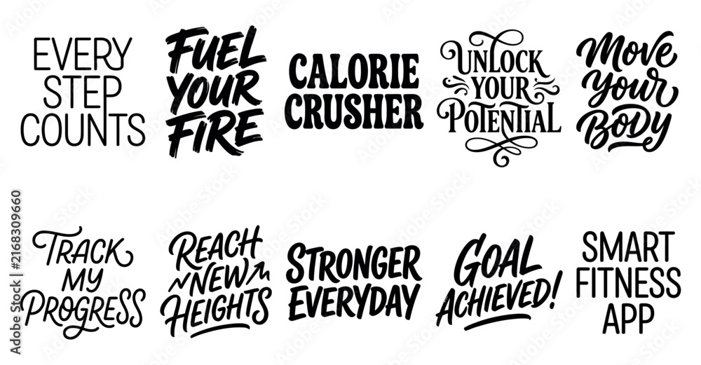 Obraz premium Set of motivational fitness and workout typography quotes for gym posters and healthy lifestyle design Minimal solid typography set bundle collection. Editable Vector Illustration Mega pack
