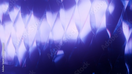 Abstract glowing purple glass twisted towers wall texture pattern with neon refractions, Futuristic 3D render