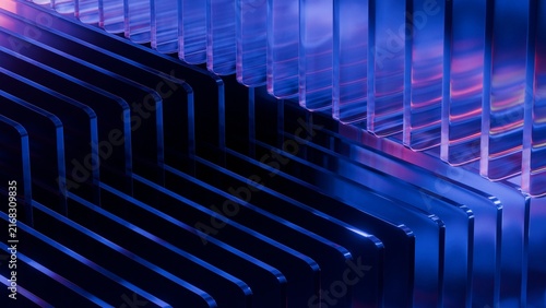 Abstract glass fins background with blue and purple neon light reflections and diagonal geometric pattern