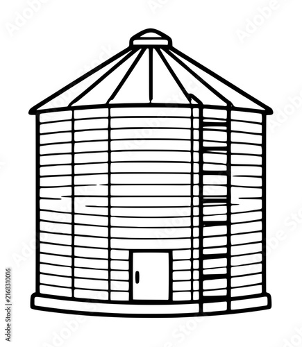 A minimalist vector icon illustration of a traditional agricultural grain bin silo featuring a conical roof, side ladder, and small access door, perfect for farming and rural design projects.