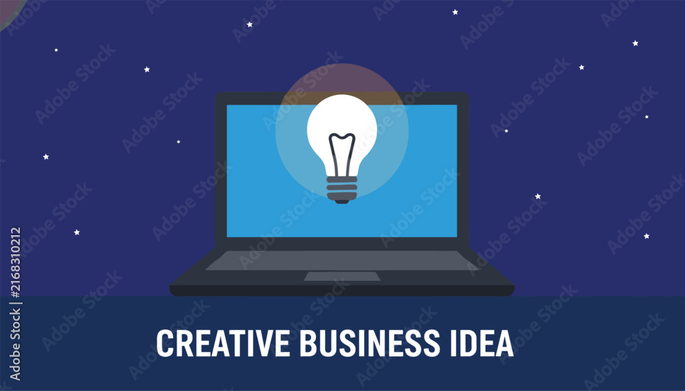 Fototapeta premium Laptop screen displaying a glowing lightbulb representing a creative business idea on a starry night sky background.