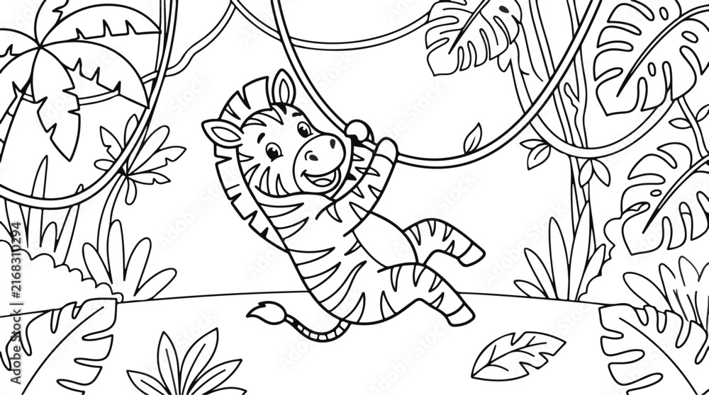 Naklejka premium Cute cartoon zebra swinging on a vine in the jungle, coloring page for kids