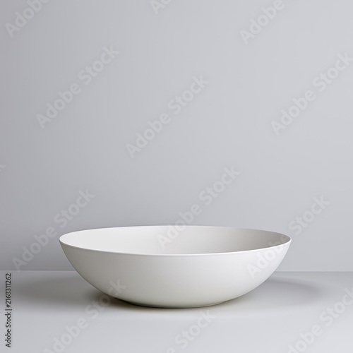 Minimalist white bowl on light surface with soft gray background